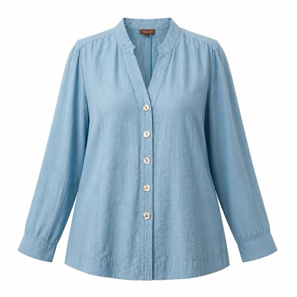 Tesori Linen Shirt Womens 2X Blue Minimalist Top Career Coastal Lagenlook Beachy